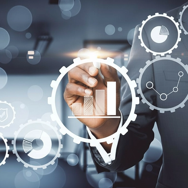 AI change management concept showing business professional interacting with data charts and process automation visuals