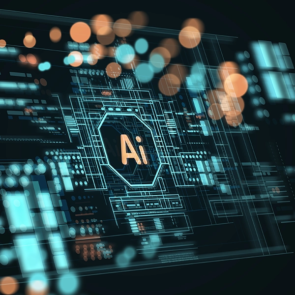 Artificial intelligence for business concept with digital interface, data processing visuals, and futuristic AI technology elements