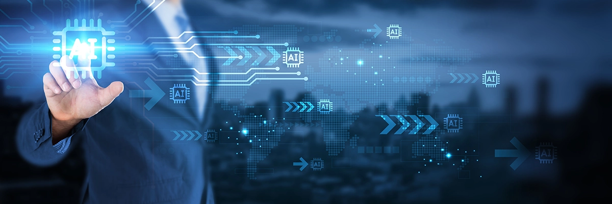 Artificial intelligence concept with business professional interacting with AI technology and data systems.