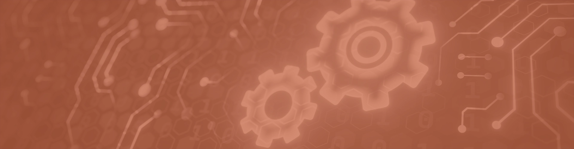 Digital gears and circuit background representing AI capabilities, data analytics, and business transformation.