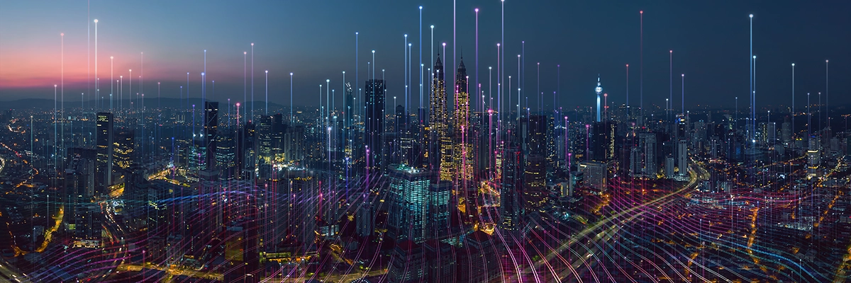 Connected smart city skyline illustrating digital transformation and data-driven industries.