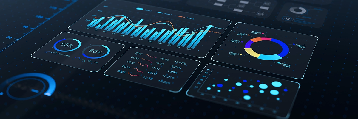 Advanced data analytics dashboard showing KPIs, charts, and business intelligence insights.