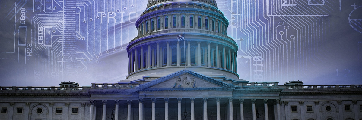 U.S. Government building with digital technology overlay representing AI and data transformation in public sector